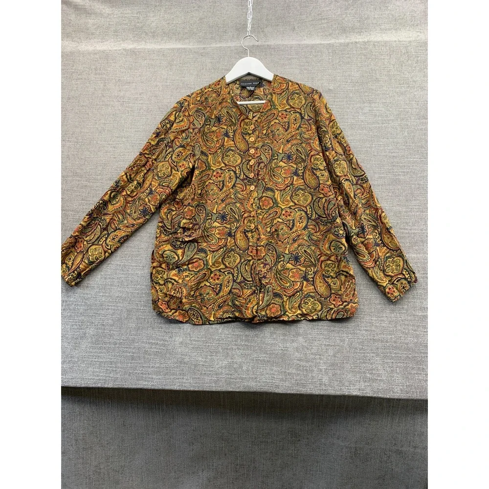 August Silk Shirt Women Medium Multicolor Paisley Print Silk Side Slit Button Up